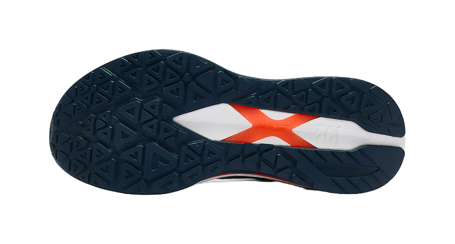 Shoe outsole for men's running shoes with dark tread and white panels, orange traction mark