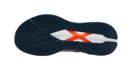 Shoe outsole for men's running shoes with dark tread and white panels, orange traction mark