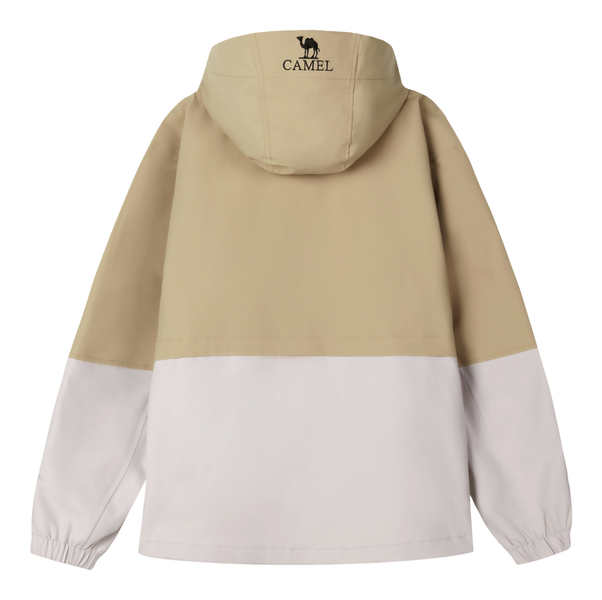 Men's tan and off-white windbreaker jacket with hood, rear view