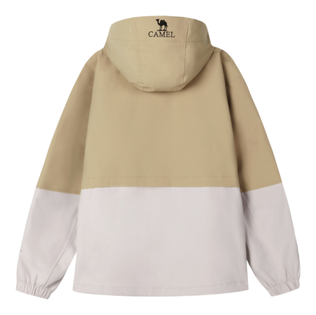 Men's tan and off-white windbreaker jacket with hood, rear view