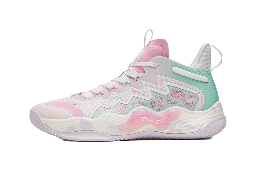 White, pink and teal high-top basketball sneakers, lace-up with side panels
