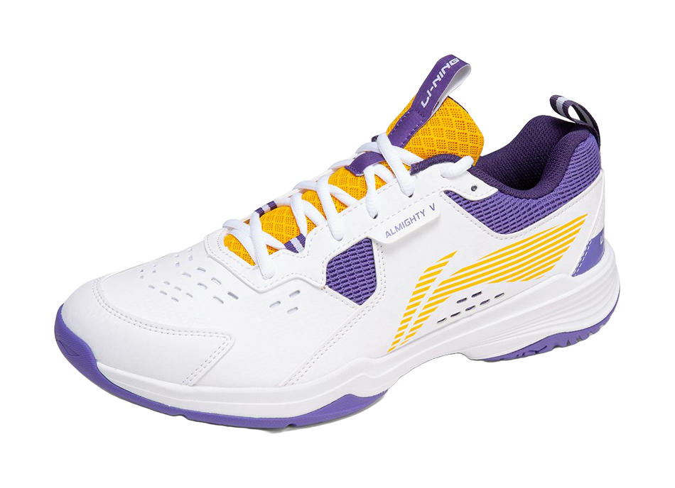 Unisex badminton shoe, front-side view: white upper with purple side panels and yellow laces