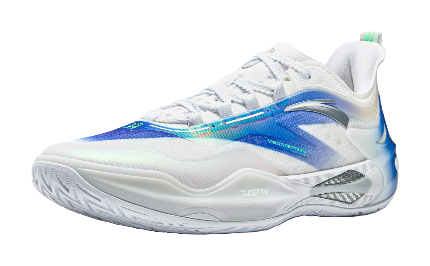 White and blue basketball shoe, angled side view with cushioning and laces