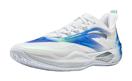 White and blue basketball shoe, angled side view with cushioning and laces