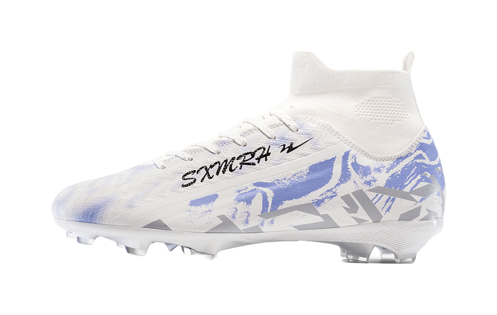 White high-top soccer shoe with blue graphic accents, lace-up