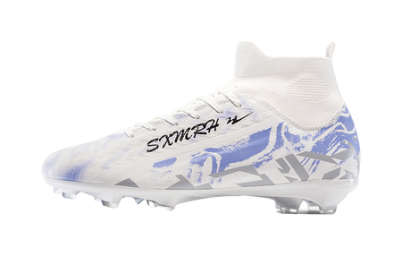White high-top soccer shoe with blue graphic accents, lace-up