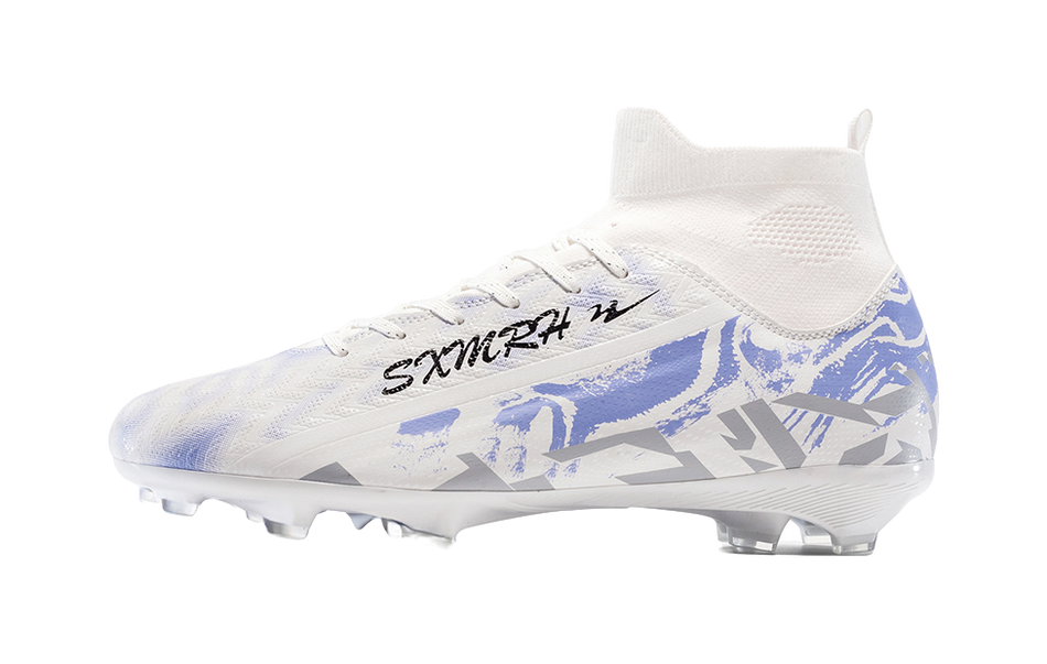 White high-top soccer shoe with blue graphic accents, lace-up