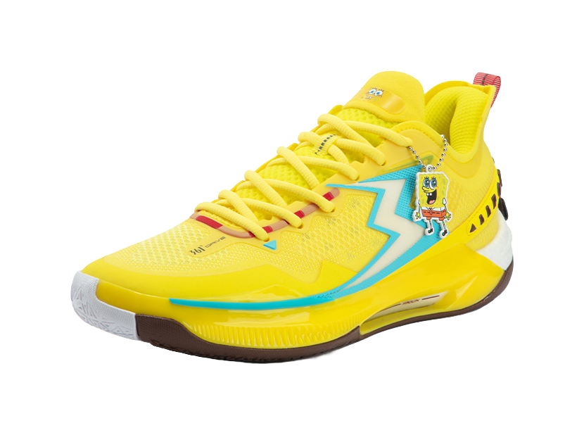 Sour yellow basketball shoes with turquoise panel and SpongeBob side art