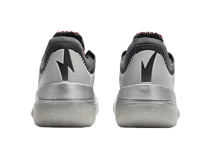 Low-top basketball shoe heel view with black collar and silver back panels