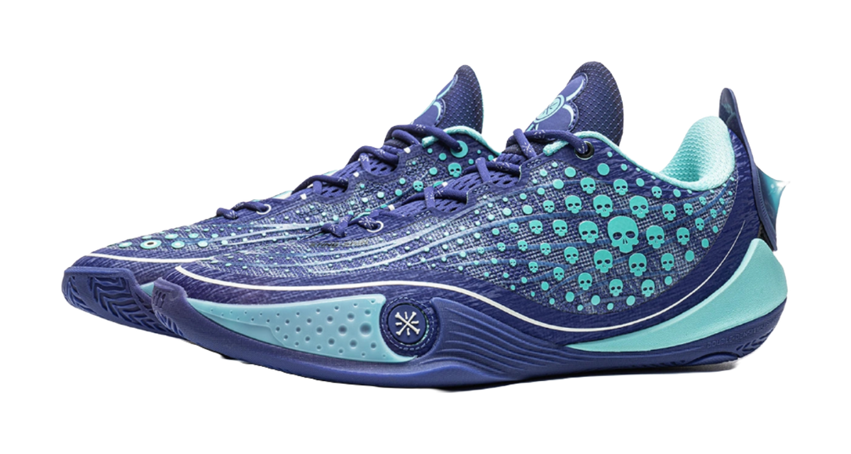 Men's low-top basketball shoe angled view, shadow purple and aqua with skull graphic knit