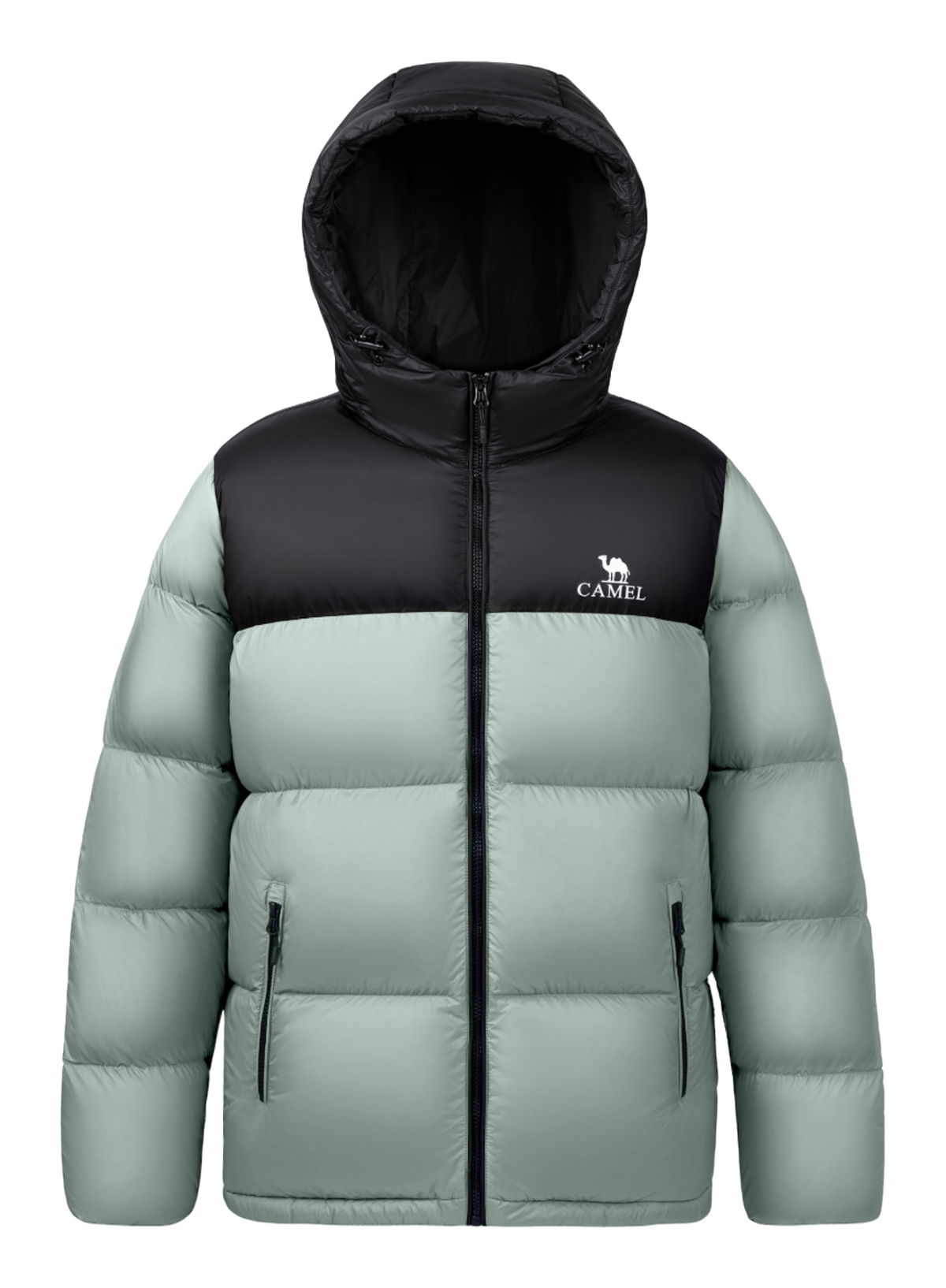 Men's hooded two-tone puffer down jacket in sage green and black with zip pockets