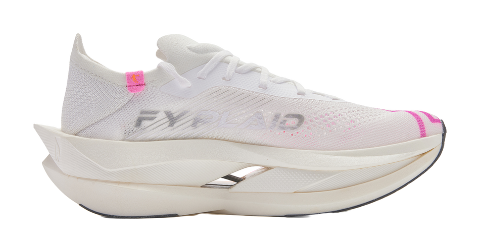 White lace-up low-top sneaker with pink logo marks and orange geometric stripe