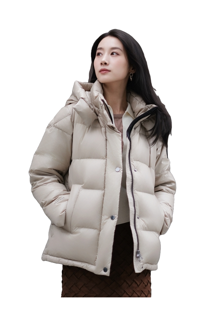 Light beige puffer winter down jacket with hood, front zipper, and insulated pockets