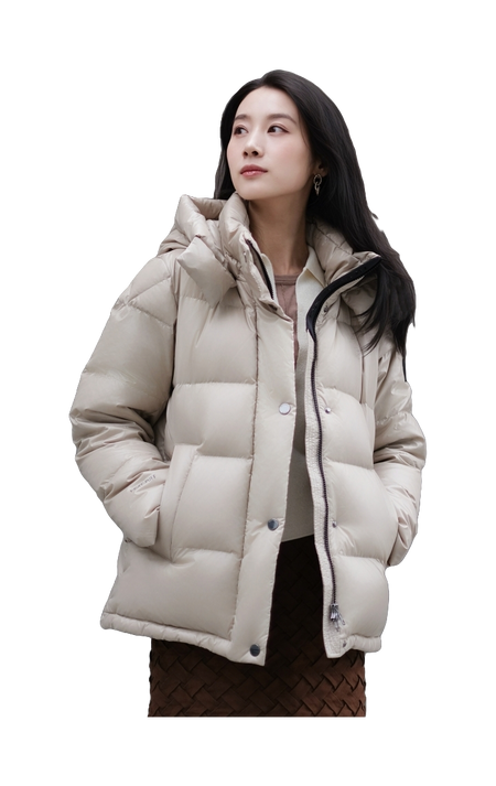Light beige puffer winter down jacket with hood, front zipper, and insulated pockets
