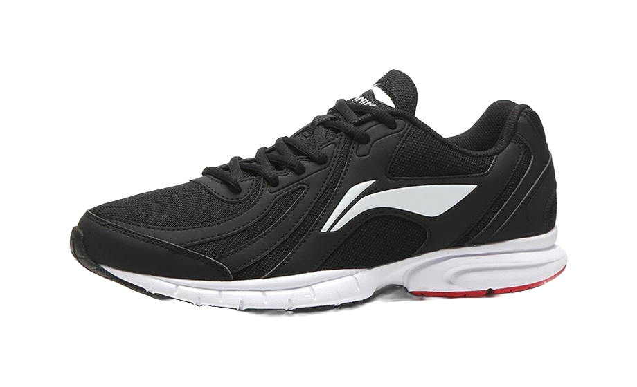 Black lace-up running shoe with white swoosh-like panel and cushioned sole