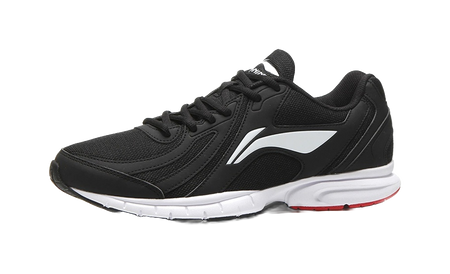 Black lace-up running shoe with white swoosh-like panel and cushioned sole