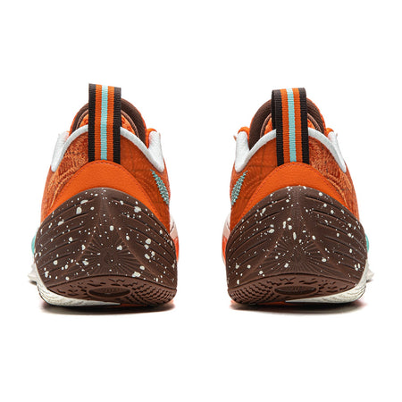 Li-Ning Wade All City 14 basketball shoes heel view with speckled dark outsole and orange upper
