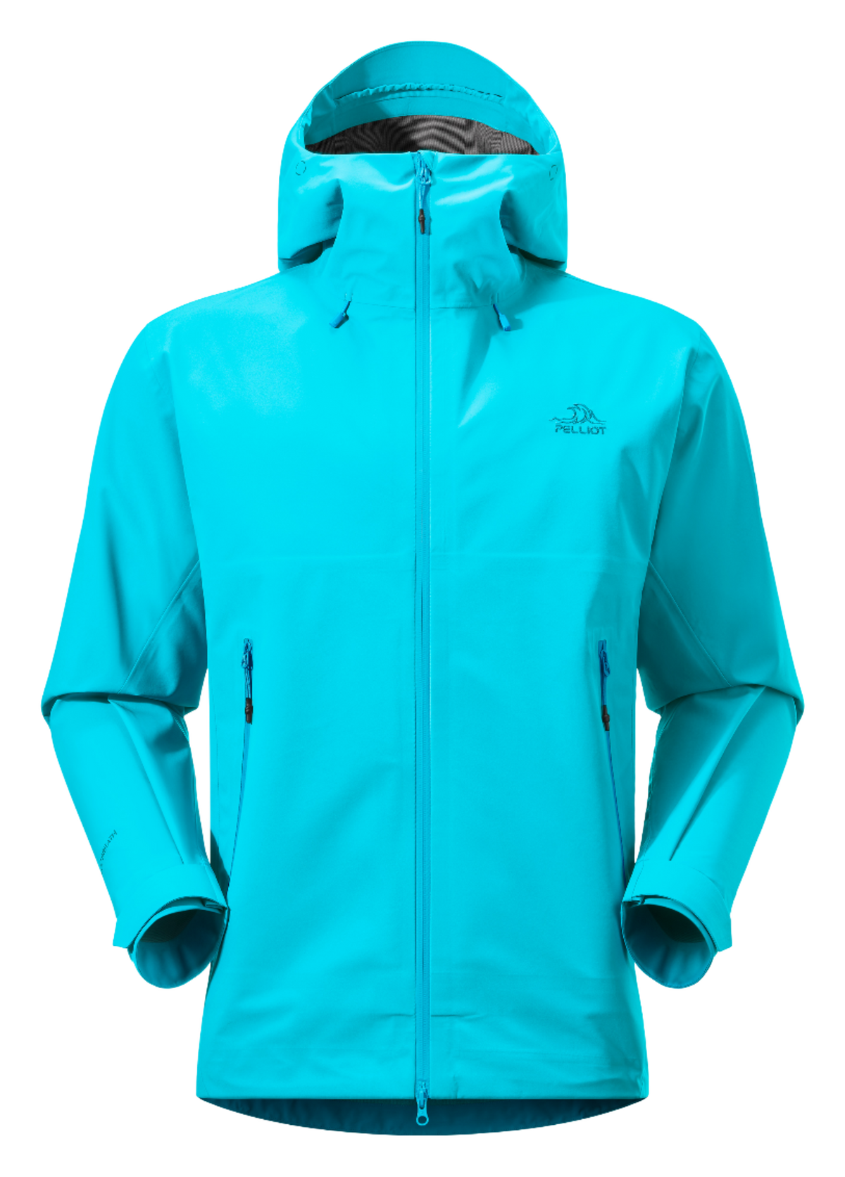 Unisex rock shell hard shell windbreaker jacket with attached hood, zip front, turquoise.