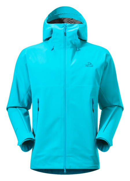 Unisex rock shell hard shell windbreaker jacket with attached hood, zip front, turquoise.