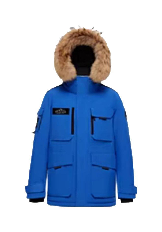 Blue down jacket with faux-fur hood, front zip, and flap pockets.