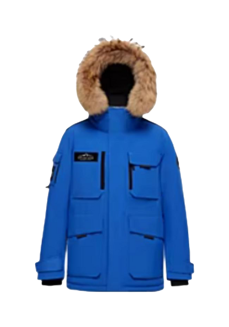 Blue down jacket with faux-fur hood, front zip, and flap pockets.