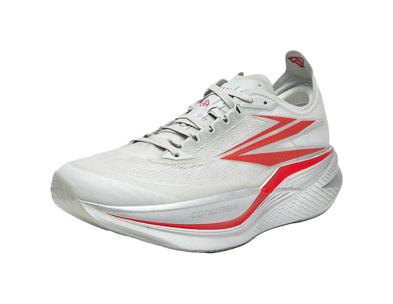 Photon gray unisex running shoe with red accent panel and lace-up upper