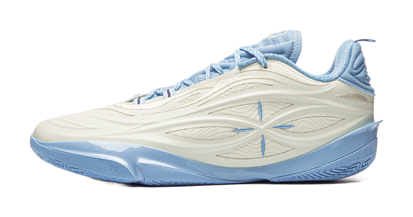 Unisex basketball shoe with milky white upper, light blue laces, and side panel detail.