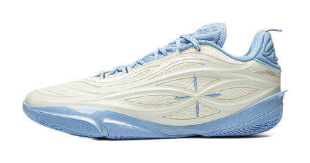 Unisex basketball shoe with milky white upper, light blue laces, and side panel detail.