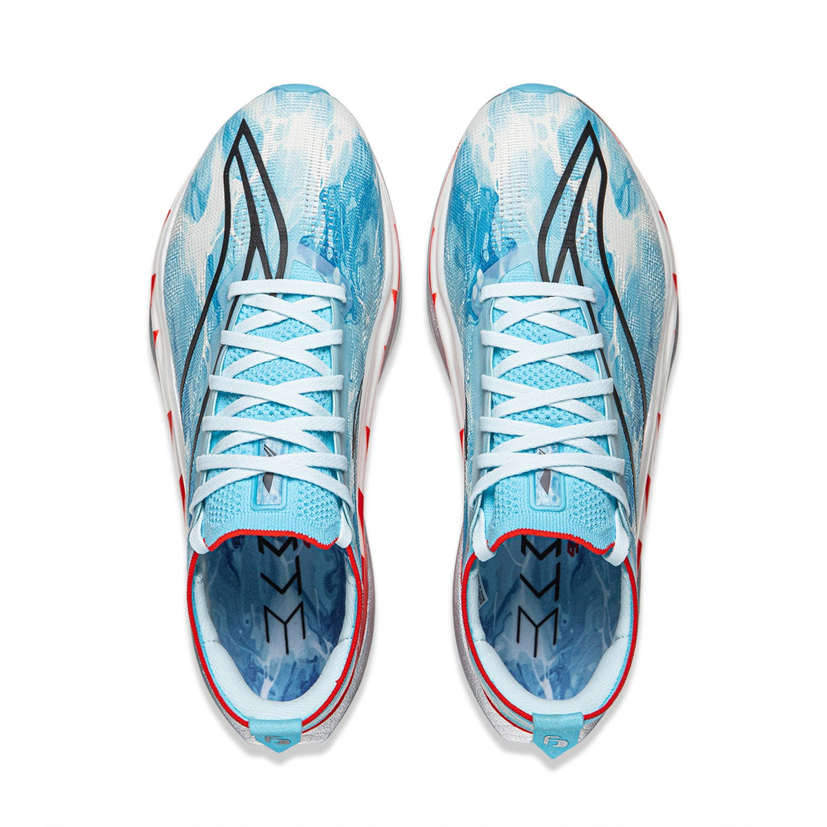 Unisex running shoe pair, blue patterned uppers with white laces and red lining