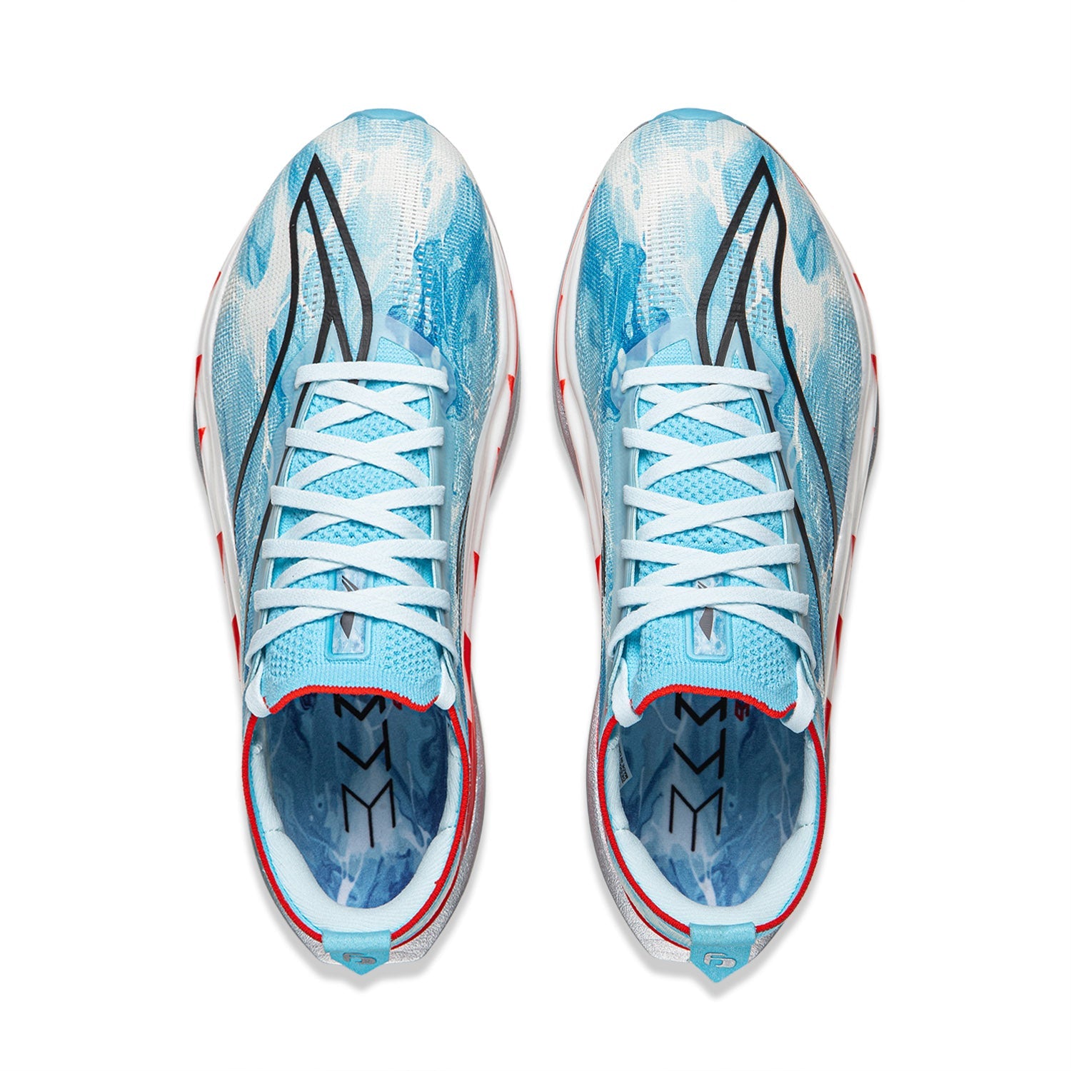 Unisex running shoe pair, blue patterned uppers with white laces and red lining
