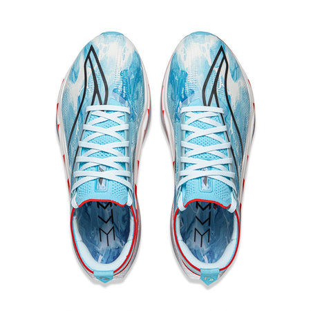 Unisex running shoe pair, blue patterned uppers with white laces and red lining