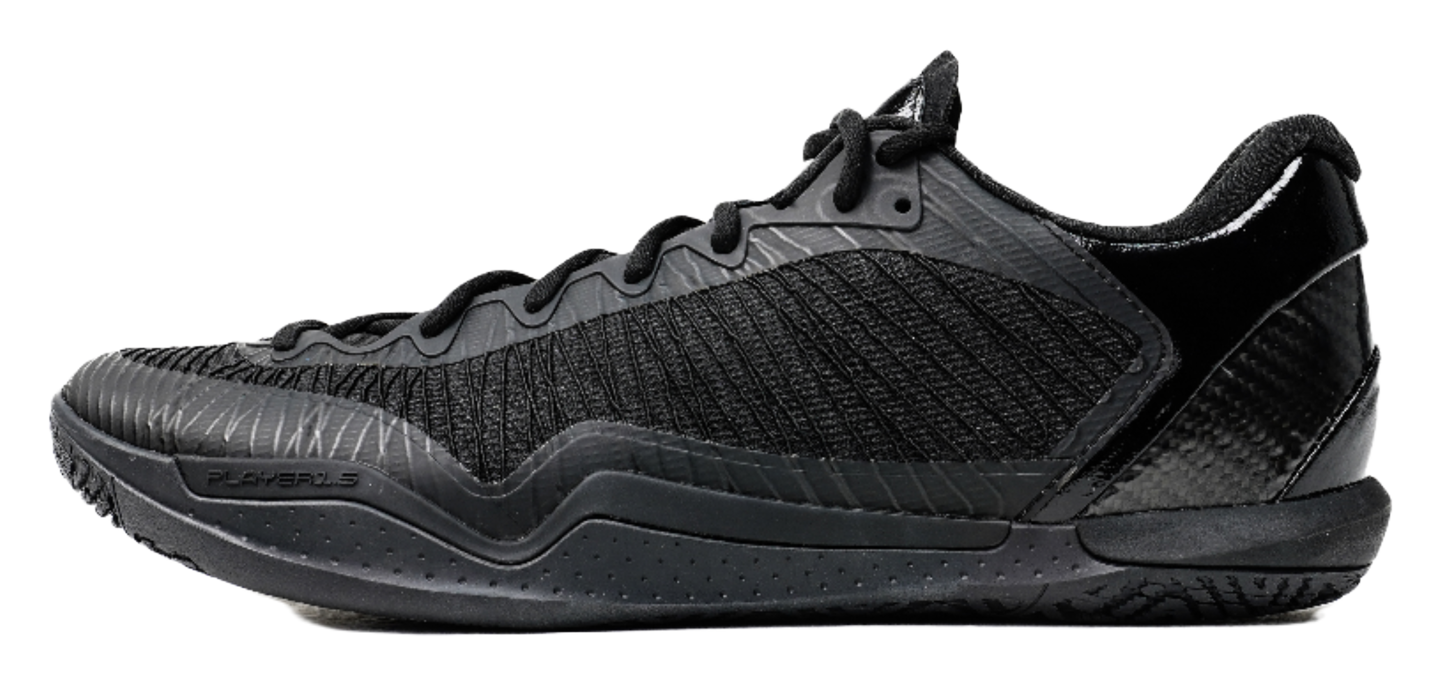 Black low-top basketball shoes, textured knit upper and lace-up design.