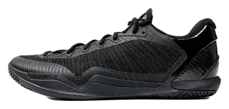 Black low-top basketball shoes, textured knit upper and lace-up design.