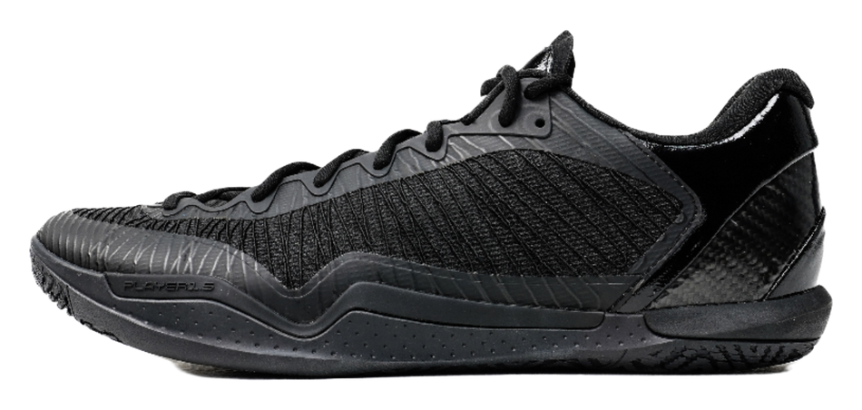 Black unisex basketball shoe with textured knit upper and lace-up front