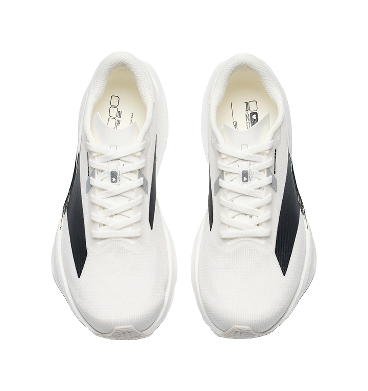 Women’s low-top running shoes, white upper with black side stripes and lace-up front