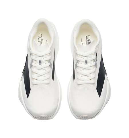 Women’s low-top running shoes, white upper with black side stripes and lace-up front