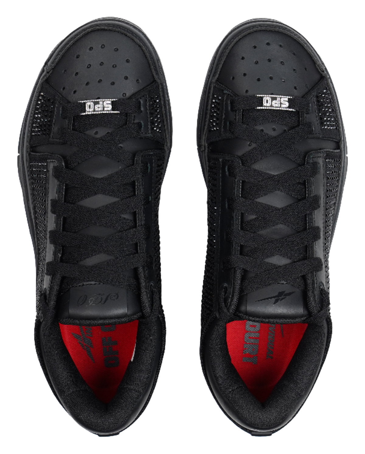 Black basketball shoes showing perforated toe box and red insole graphics.
