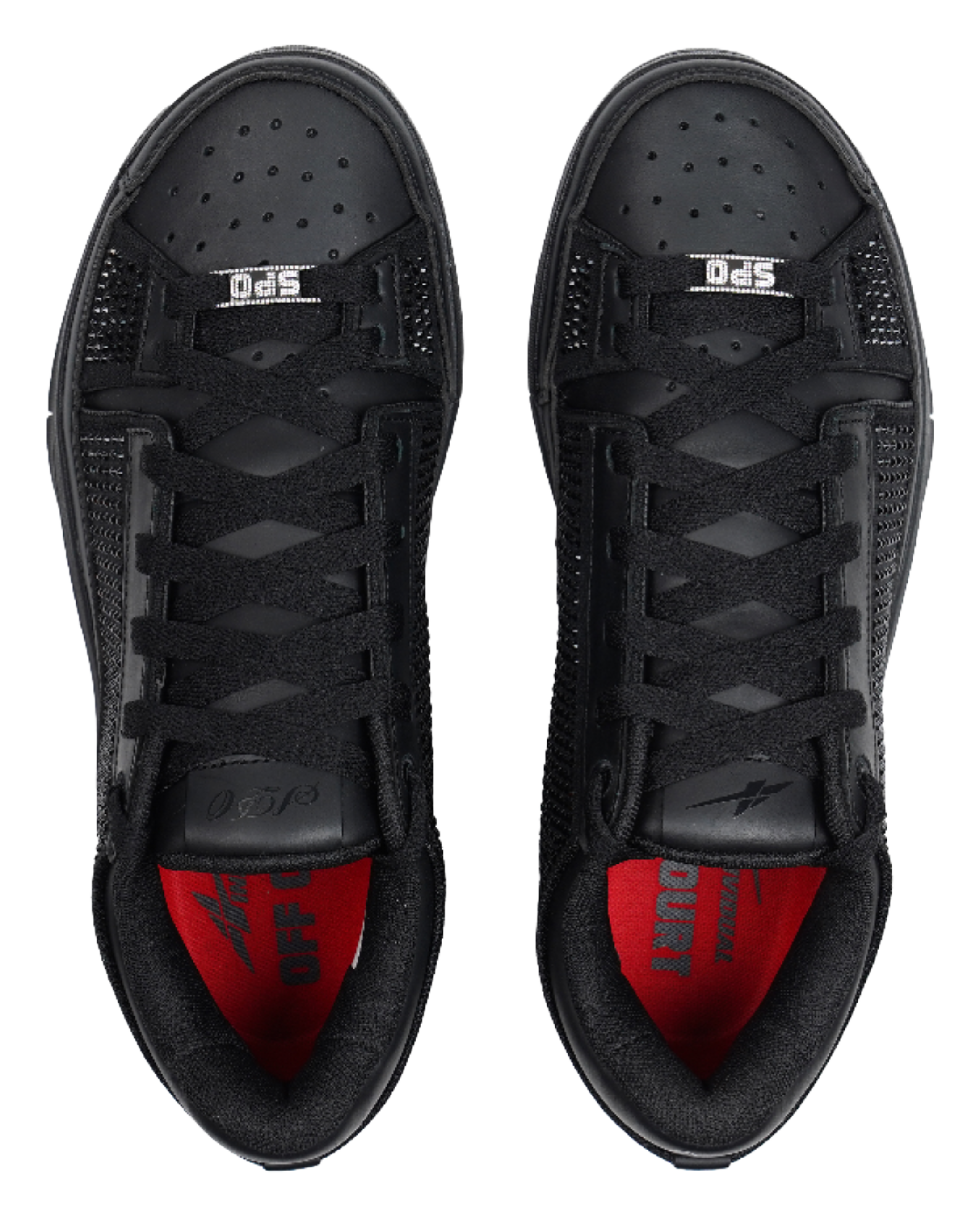 Black basketball shoes showing perforated toe box and red insole graphics.