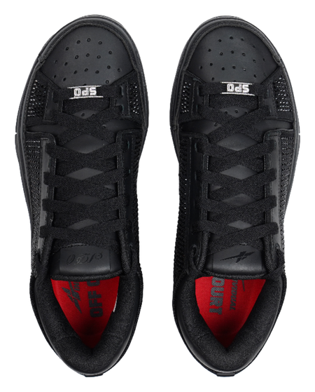 Black basketball shoes showing perforated toe box and red insole graphics.