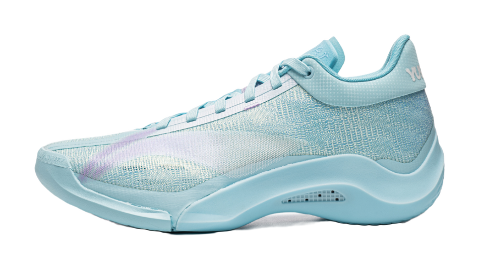 Ice blue basketball shoe with white laces and textured knit upper, low profile sole.
