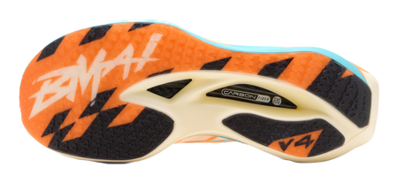 Men's low-top running shoes outsole, black traction pads with orange and teal tread