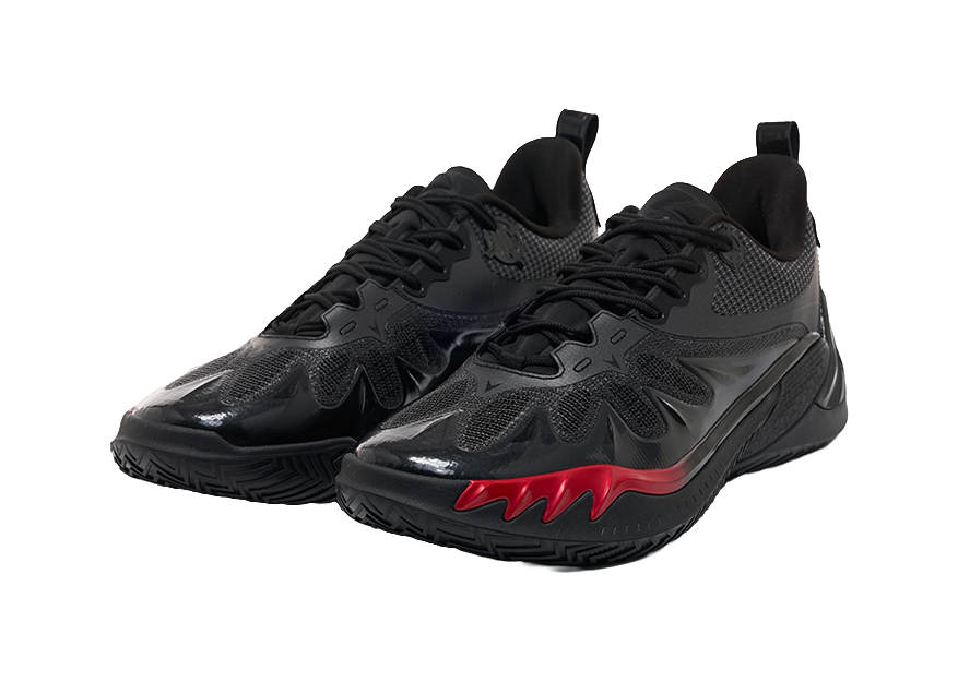 Unisex low-top basketball shoes, black pair with red zigzag detail on the sole
