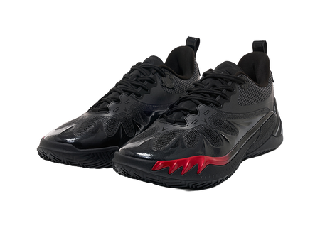 Unisex low-top basketball shoes, black pair with red zigzag detail on the sole