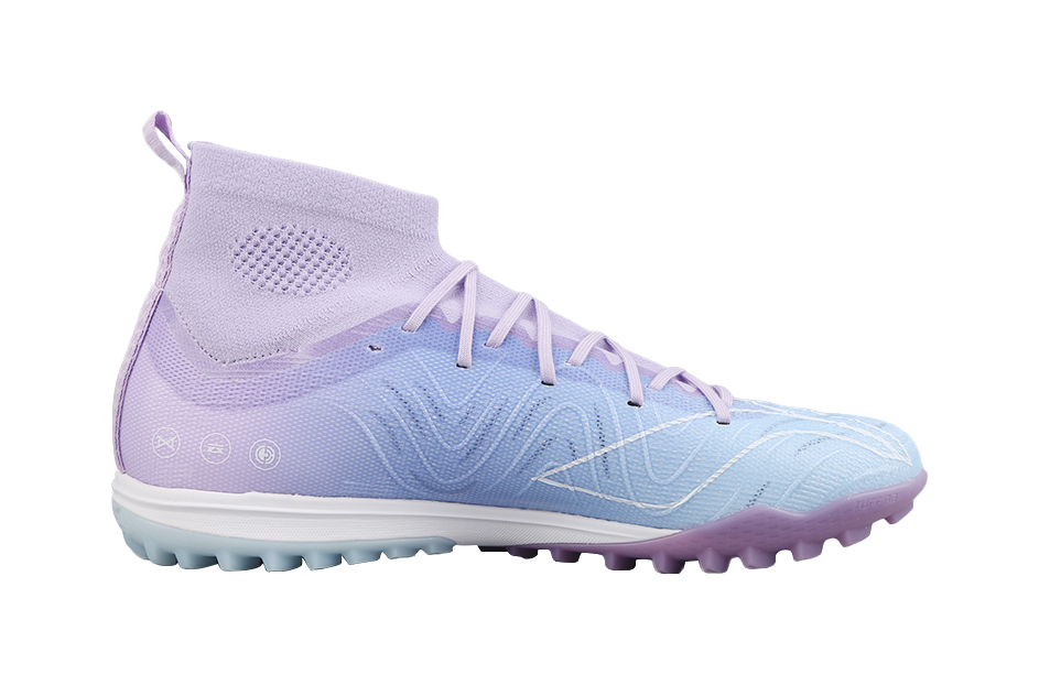 Blue and lavender turf soccer shoe, side view, with white laces and textured upper