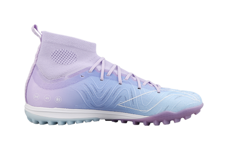 Blue and lavender turf soccer shoe, side view, with white laces and textured upper