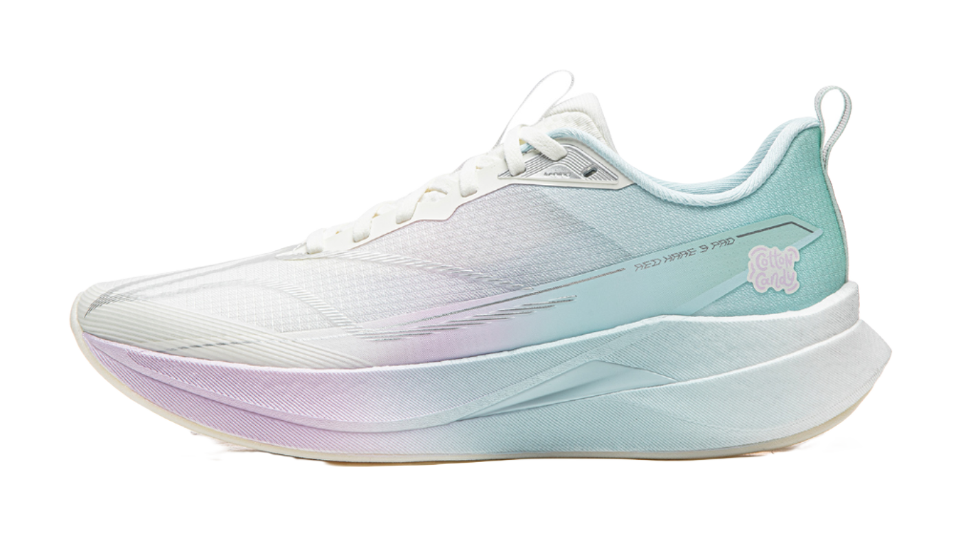Li-Ning Red Hare 9 Pro running shoe, white mesh with light blue and purple accents