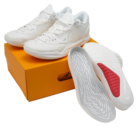 Unisex low-top basketball shoes in pure white, red outsole detail and traction grooves