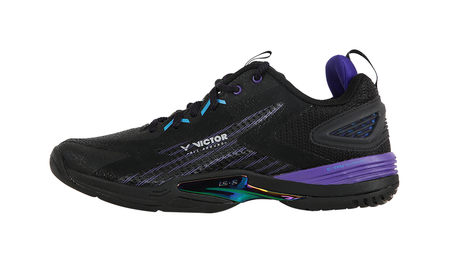 Black and purple unisex badminton shoe with lace-up closure and molded rubber sole.