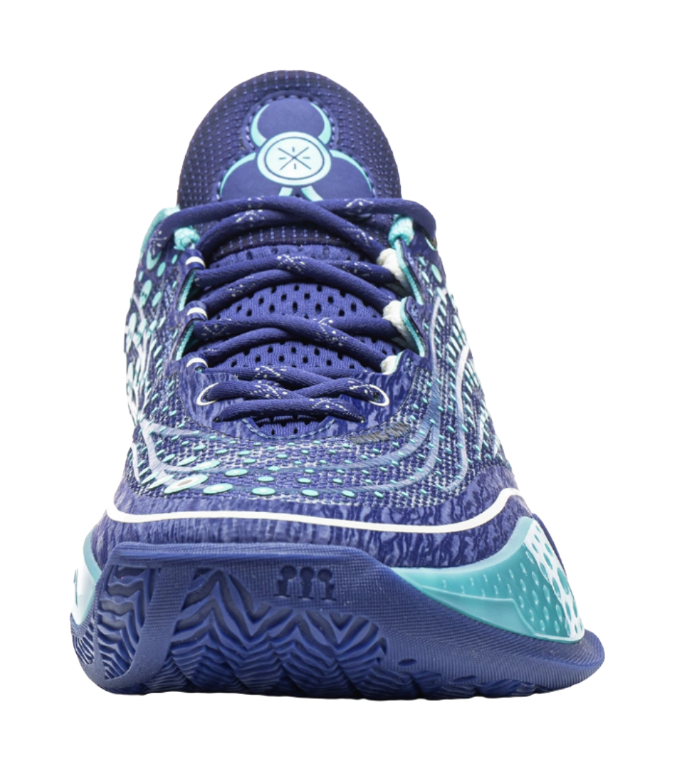 Men's low-top basketball shoe, top view, navy laces over shadow purple-aqua knit upper