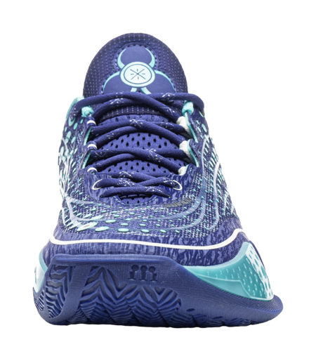 Men's low-top basketball shoe, top view, navy laces over shadow purple-aqua knit upper